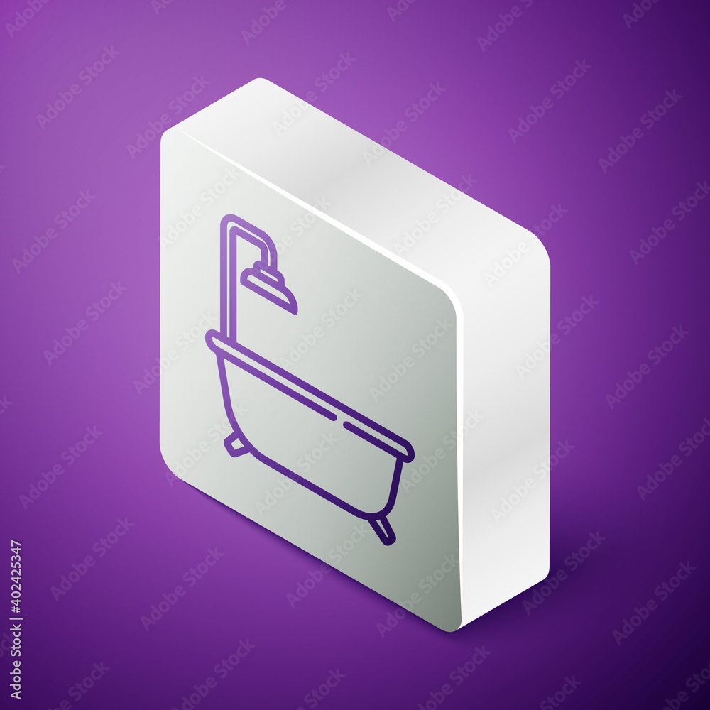 Isometric line Bathtub with shower icon isolated on purple background. Silver square button. Vector.