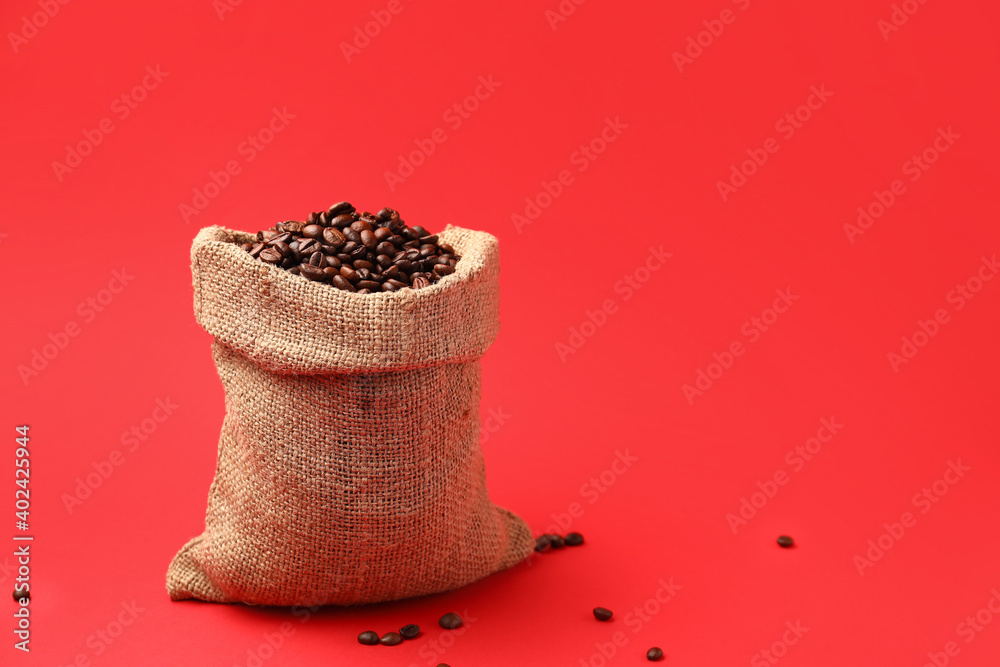 Bag with coffee beans on color background