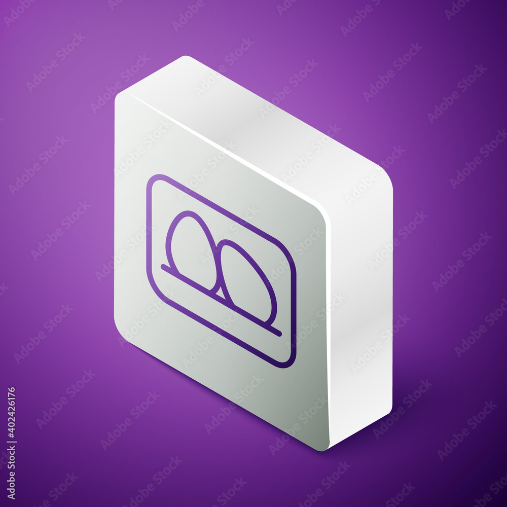 Isometric line Chicken egg icon isolated on purple background. Silver square button. Vector.