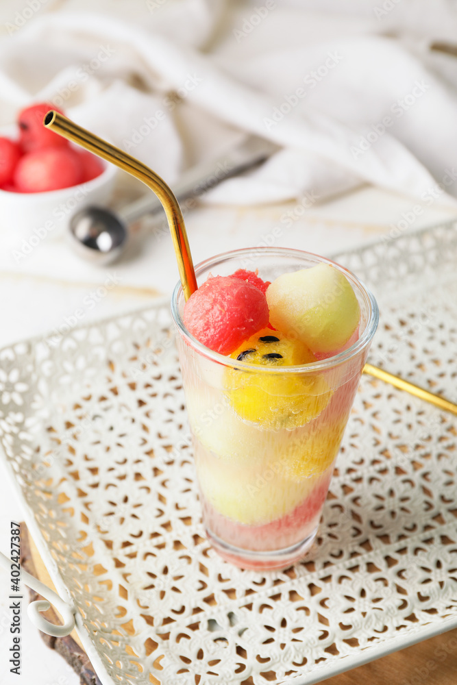 Glass of tasty watermelon cocktail on table