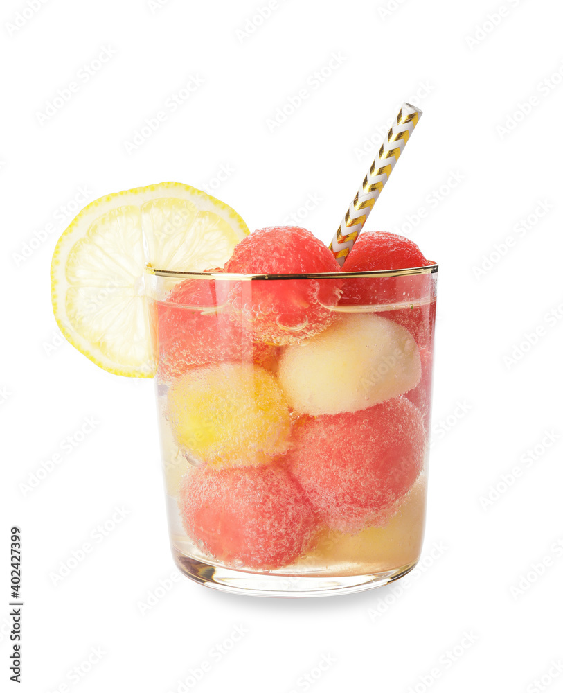 Glass of tasty watermelon cocktail on white background