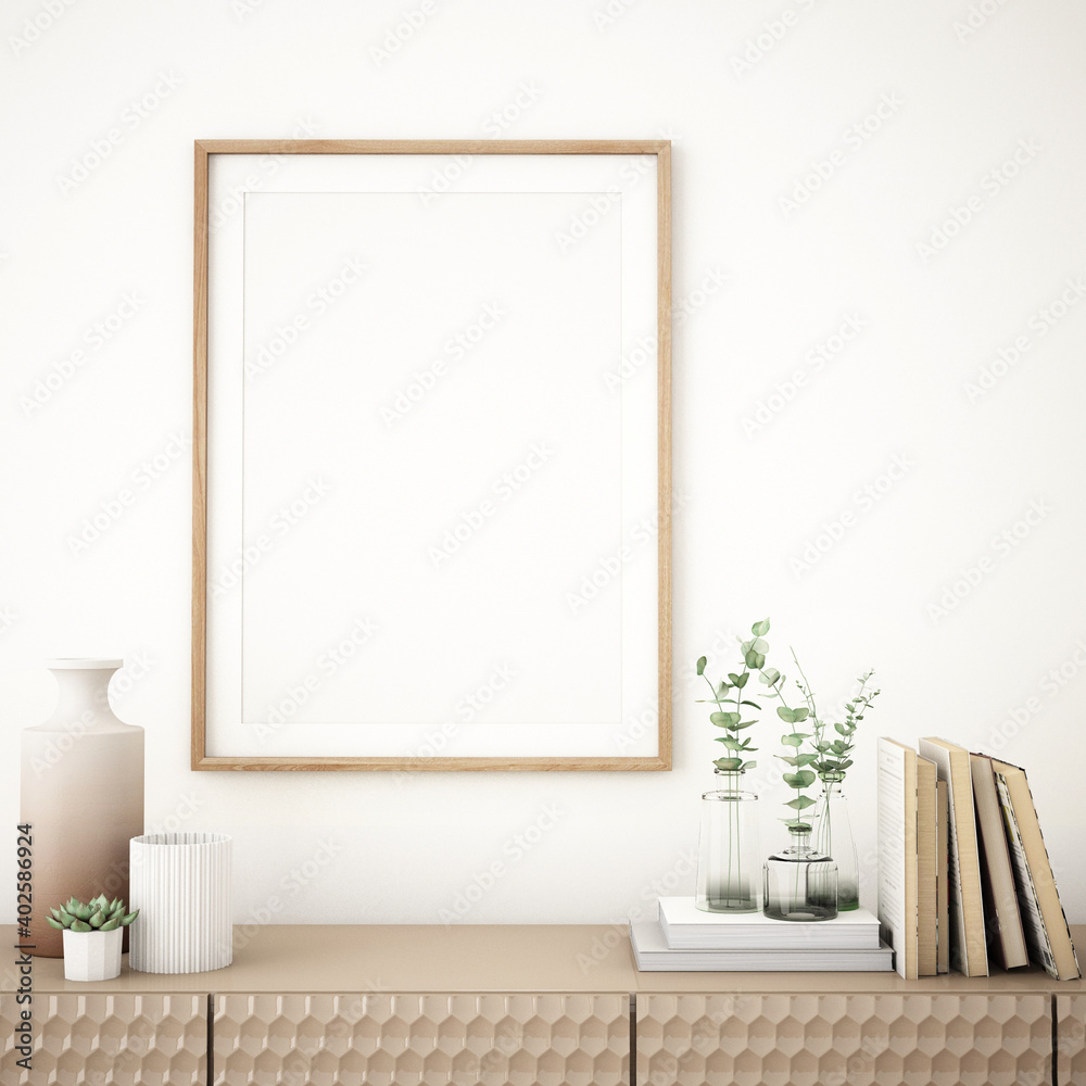 Interior of Frame mockup in living room,3d illustration,3d rendering