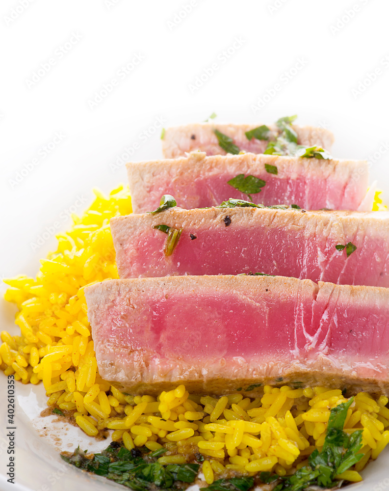 Ahi Tuna Steak With Rice and herbs sauce