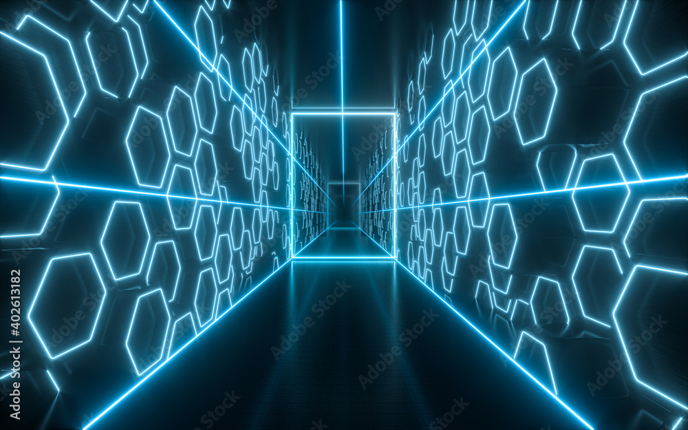 Dark tunnel with glowing neon lines, 3d rendering.