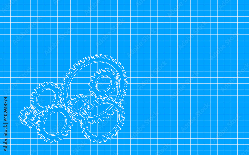 Gear design with blueprint style, grid pattern, raster illustration.