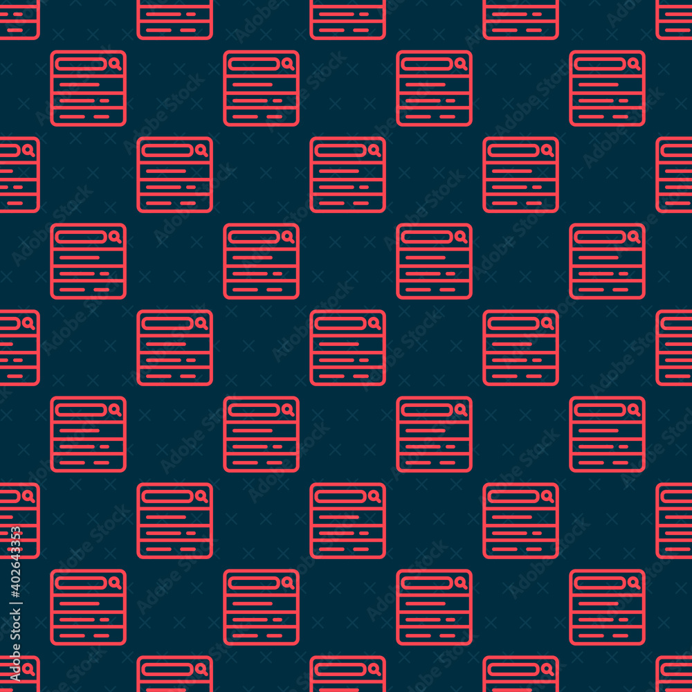 Red line Search engine icon isolated seamless pattern on black background. Vector.