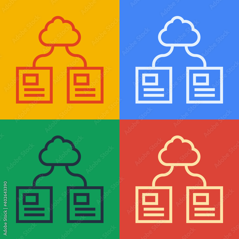 Pop art line Cloud technology data transfer and storage icon isolated on color background. Vector.