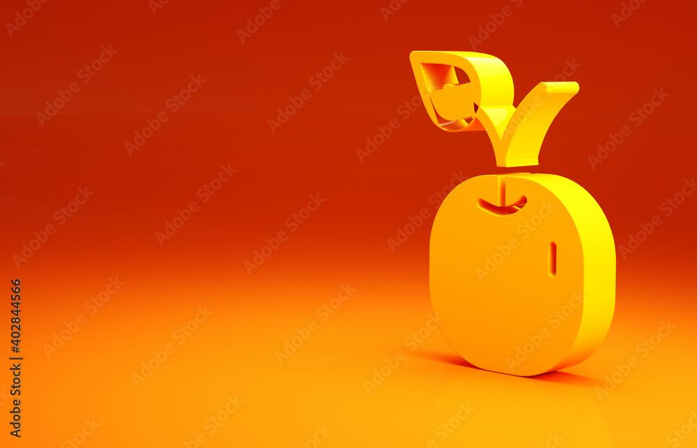 Yellow Apple icon isolated on orange background. Fruit with leaf symbol. Minimalism concept. 3d illu