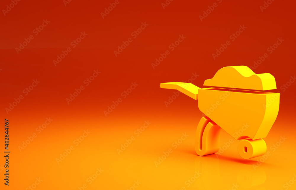 Yellow Wheelbarrow with dirt icon isolated on orange background. Tool equipment. Agriculture cart wh