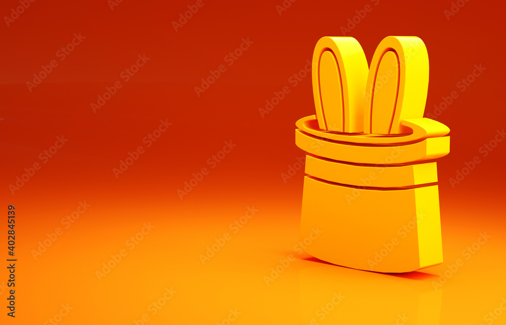 Yellow Magician hat and rabbit ears icon isolated on orange background. Magic trick. Mystery enterta