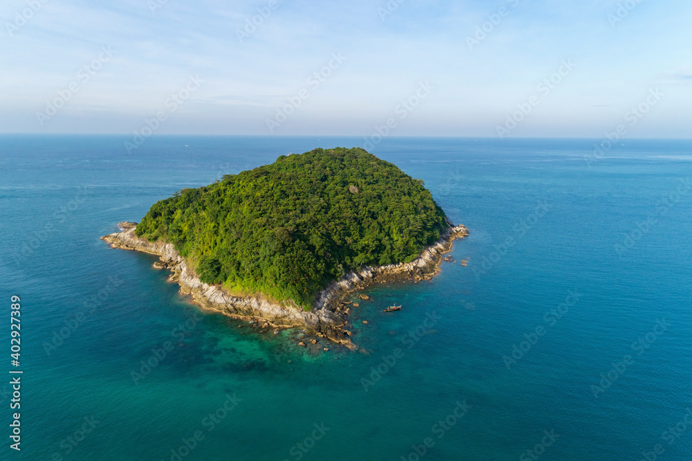 Aerial drone top down photo of beautiful small island in Phuket Thailand,Amazing archipelago around 