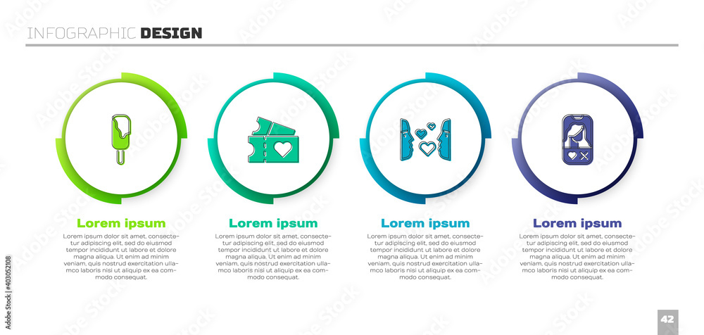 在线设置冰淇淋、爱情票、一见钟情和约会应用程序。商业信息图模板。Vec