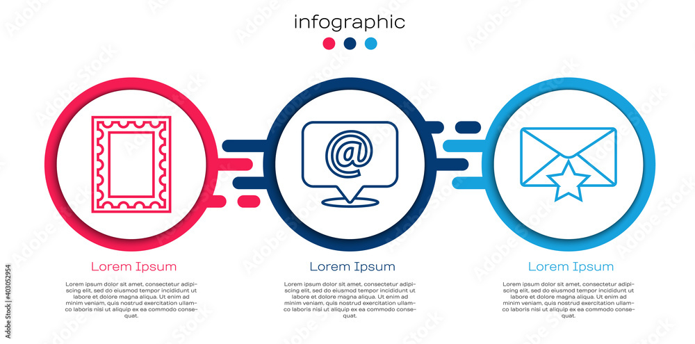 在语音气泡和带星号的信封上设置邮政印章、邮件和电子邮件。商业信息图