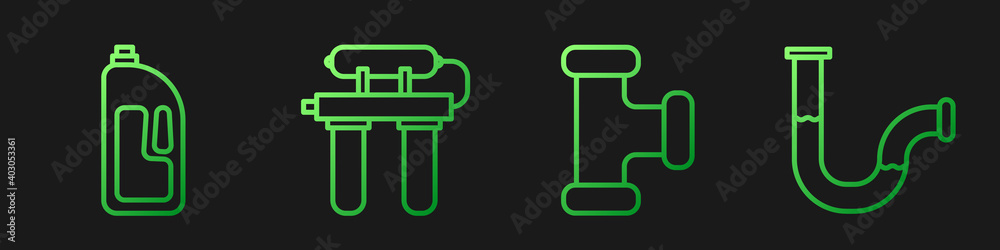 Set line Industry metallic pipe, Container with drain cleaner, Water filter and Industry metallic pi