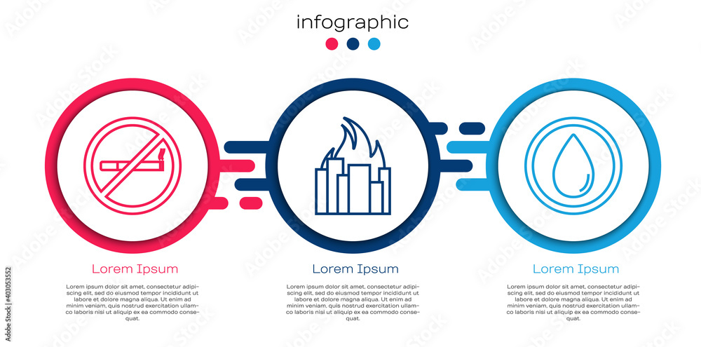 设置线路禁止吸烟、燃烧建筑物内的火灾和水滴。商业信息图模板。矢量