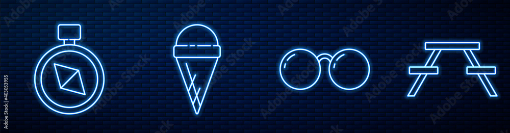 Set line Glasses, Compass, Ice cream in waffle cone and Picnic table with benches. Glowing neon icon