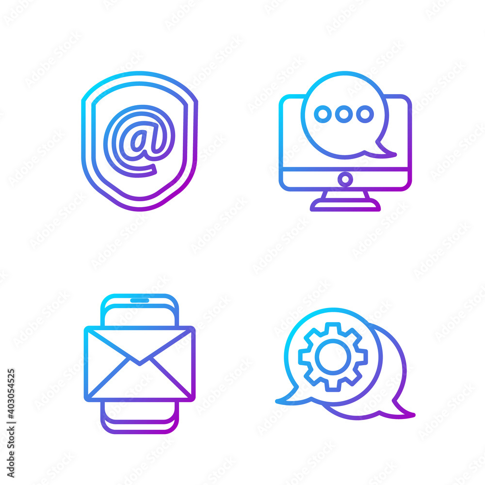 Set line Speech bubble chat, Mobile and envelope, Shield with mail and e-mail and Chat messages noti