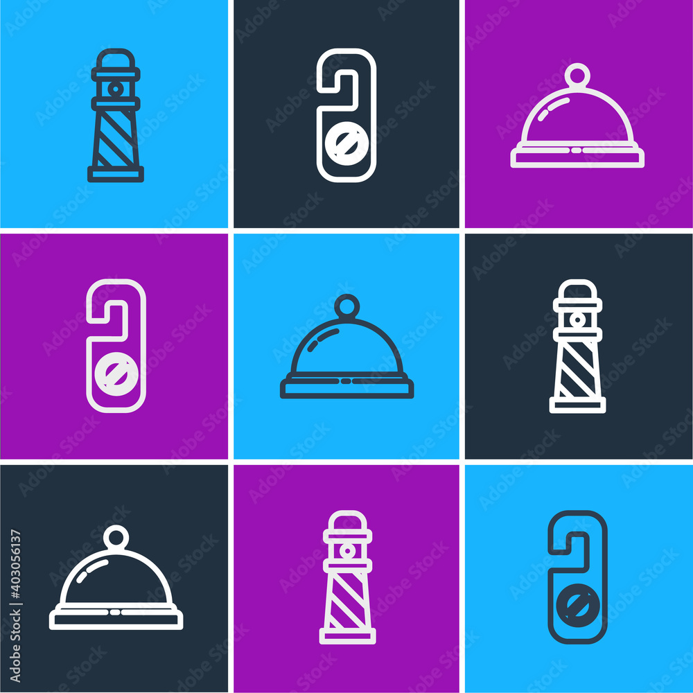 Set line Lighthouse, Hotel service bell and Please do not disturb icon. Vector.