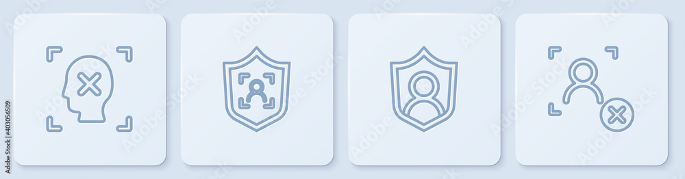 Set line Rejection face recognition, User protection, Shield and . White square button. Vector.