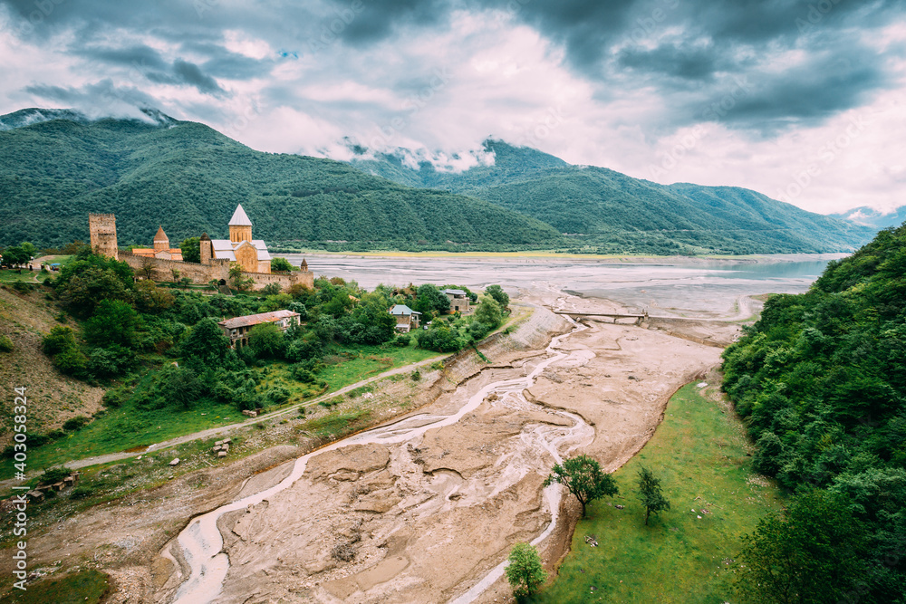 Ananuri Georgia. Castle complex in about 72 kilometres from Tbilisi. Large tower Sheupovari is well 