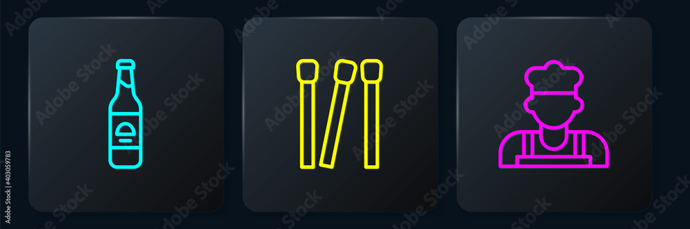 Set line Beer bottle, Cook and Matches. Black square button. Vector.