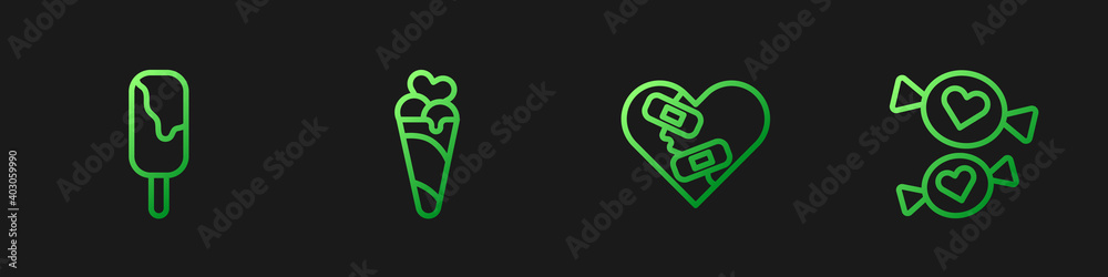 Set line Healed broken heart, Ice cream, in waffle cone and Candy. Gradient color icons. Vector.