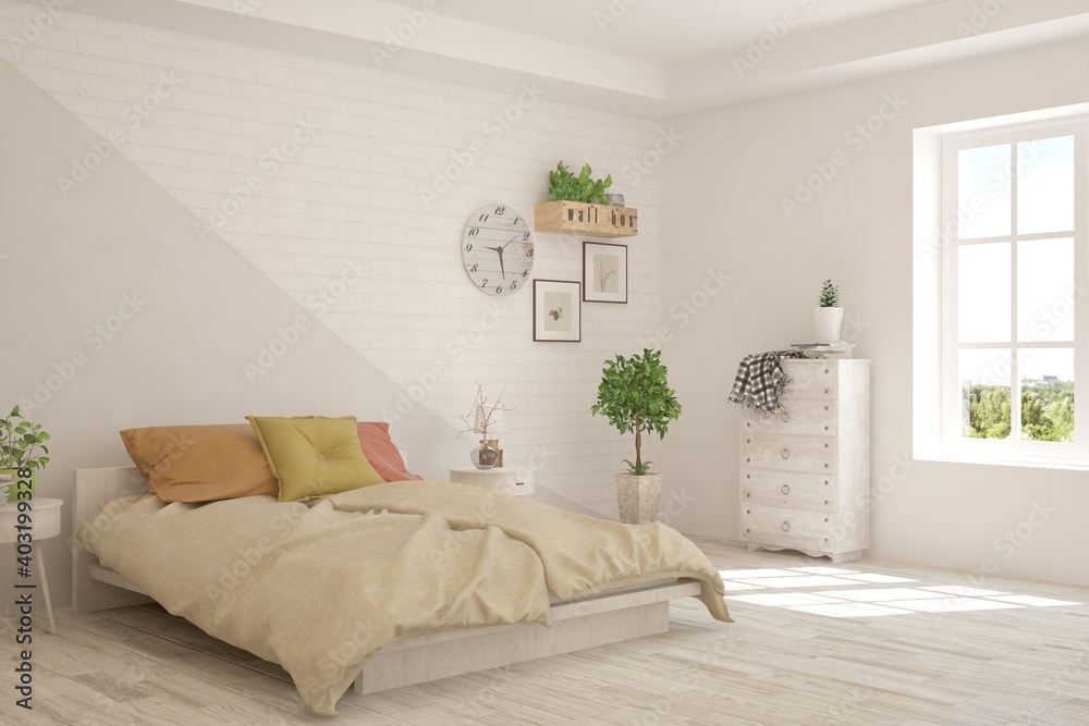 White bedroom interior. Scandinavian design. 3D illustration