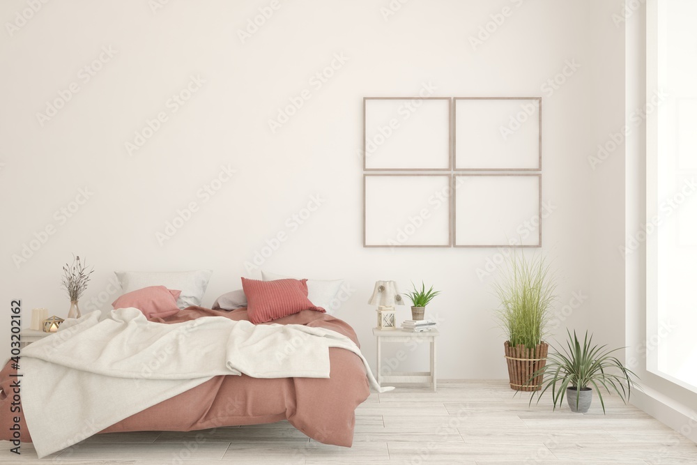 White bedroom interior. Scandinavian design. 3D illustration