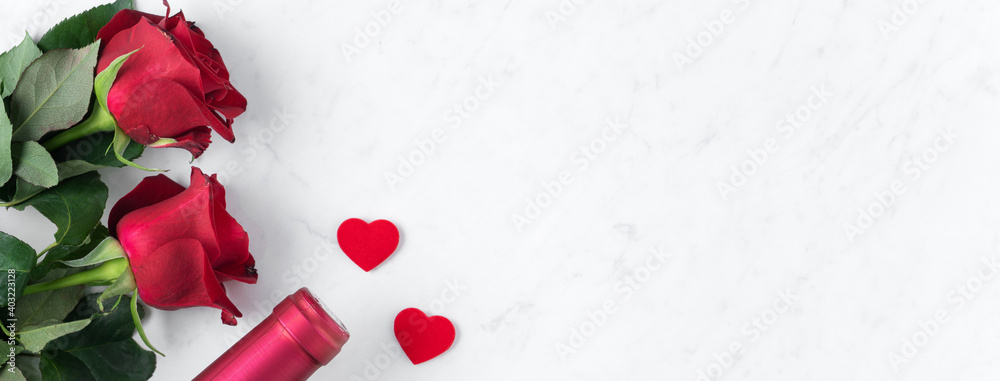 Top view of Valentine day concept with rose and wine, festive gift design concept