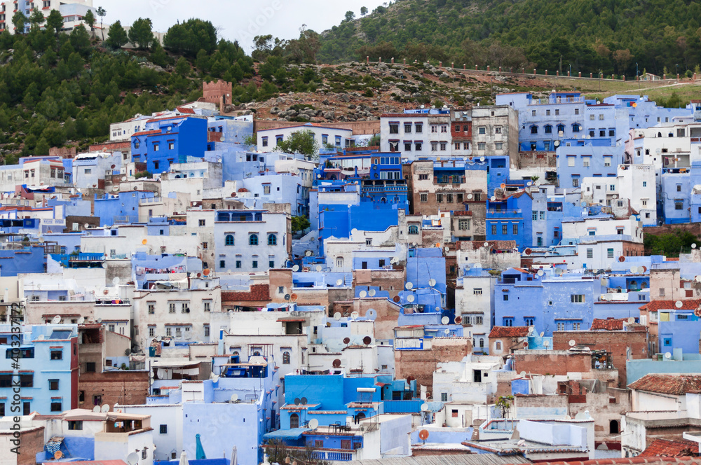 蓝色城市切夫chaouen/蓝色城市切夫chaouen的城市景观，摩洛哥，非洲。