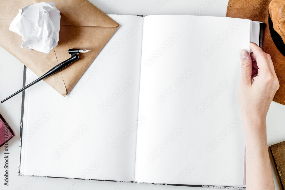 writer workplace with tools on white background top view mockup