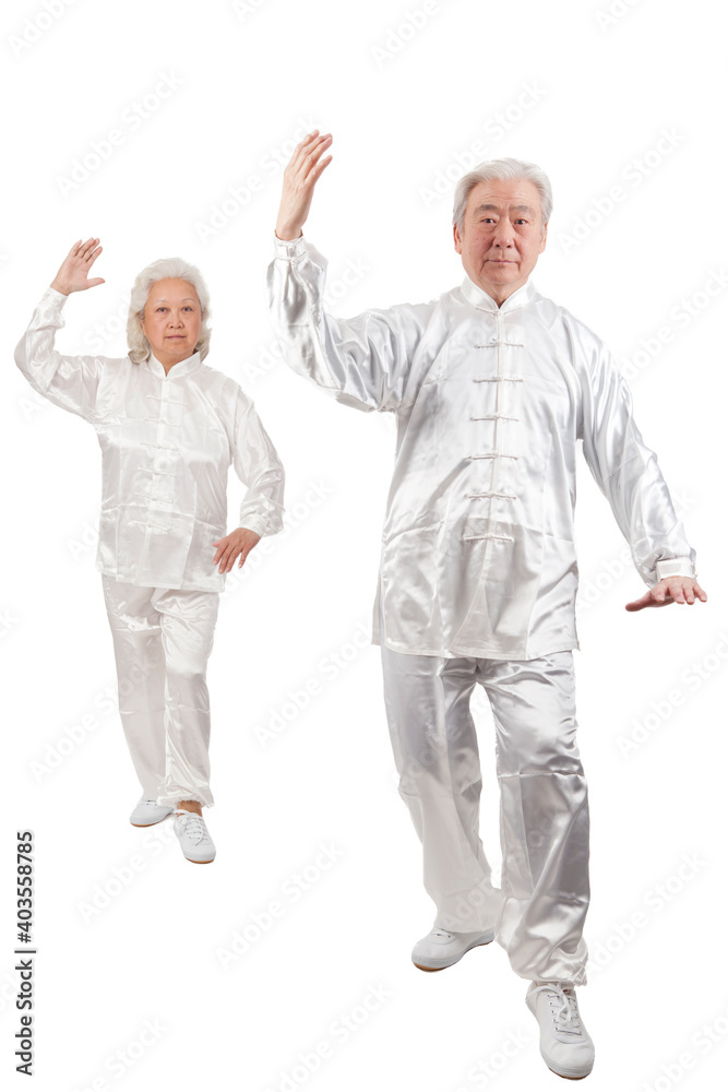 Two old people are playing Tai Chi 