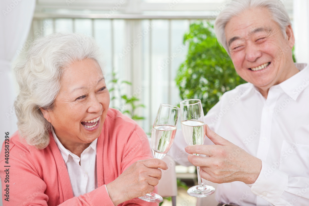 一对老年夫妇为周年庆敬酒