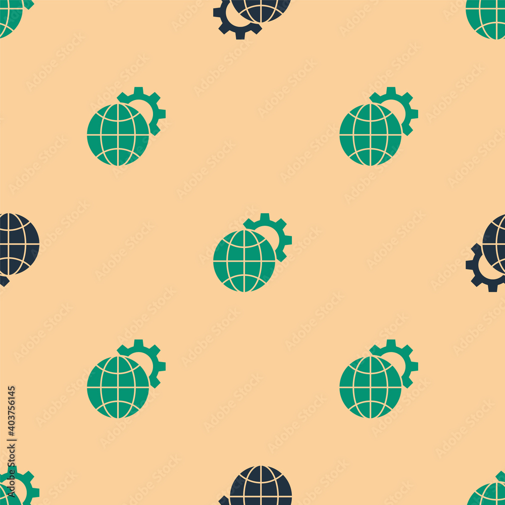 Green and black Globe of the Earth and gear or cog icon isolated seamless pattern on beige backgroun