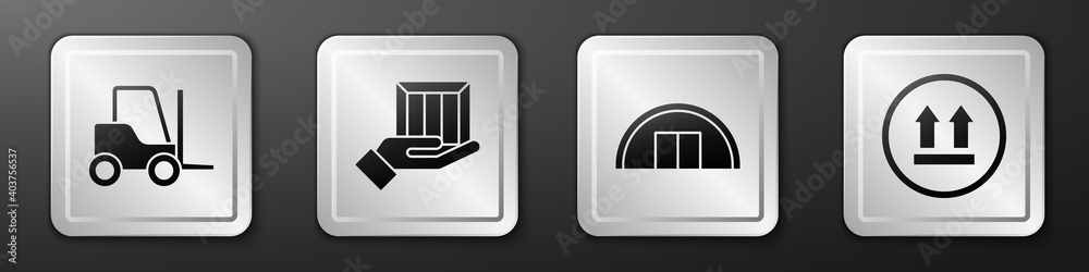 Set Forklift truck, Delivery hand with boxes, Warehouse and This side up icon. Silver square button.