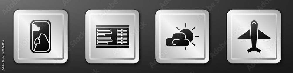 设置飞机窗口、机场板、阳光和云层天气以及飞机图标。银色方形按钮。Vect
