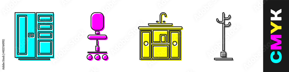 套装衣柜、办公椅、带水龙头和衣帽架图标的洗手盆柜。矢量。