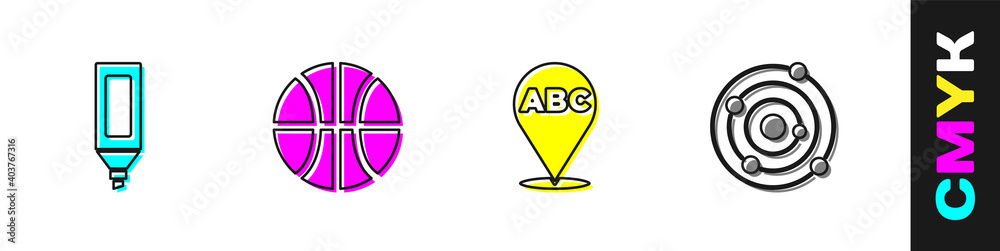 设置记号笔、篮球、字母表和太阳系图标。矢量。
