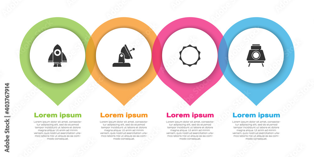 设置火箭船、碟形卫星、太阳和火星车。商业信息图模板。矢量。
