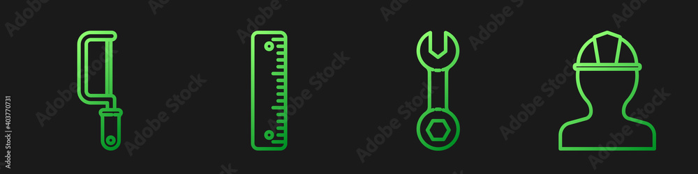 套线扳手、钢锯、标尺和工人安全帽。渐变色图标。矢量。