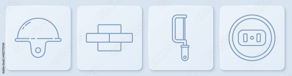 设置工人安全帽、钢锯、砖块和电源插座。白色方形按钮。矢量。