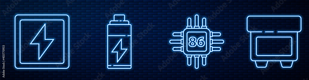 带有微电路CPU、闪电螺栓、电池和保险丝的设置线处理器。闪烁的霓虹灯图标在br上