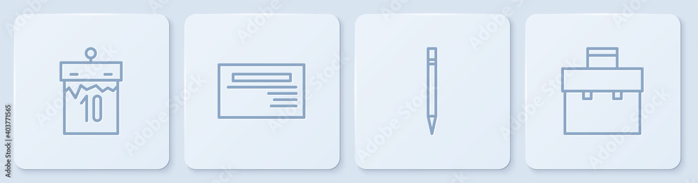 设置行日历、带橡皮擦的铅笔、名片和公文包。白色方形按钮。矢量。