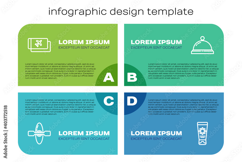 Set line Kayak or canoe, Airline ticket, Sunscreen cream tube and Hotel service bell. Business infog