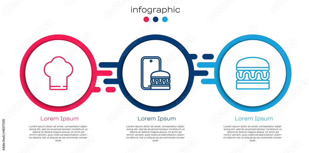 Set line Chef hat, Online ordering and delivery and Burger. Business infographic template. Vector.