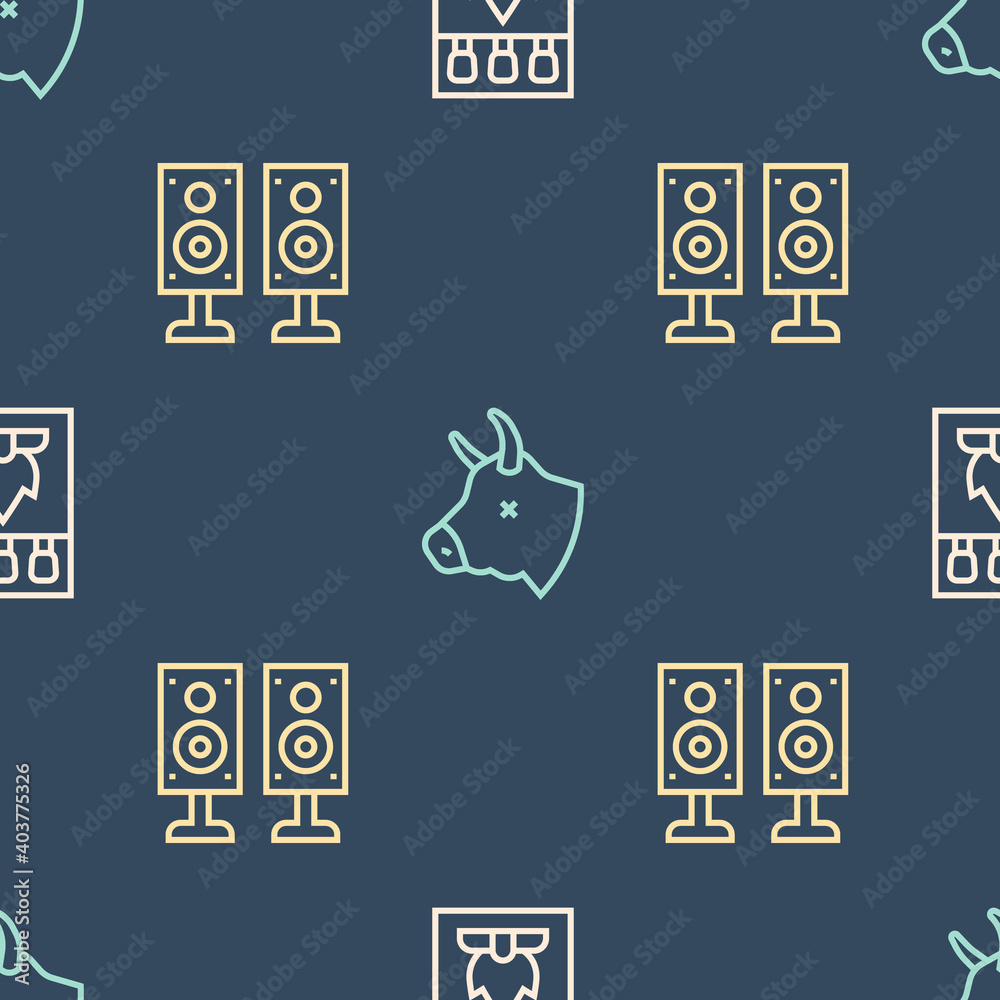 Set line Matchbox and matches, Stereo speaker and Cow head on seamless pattern. Vector.