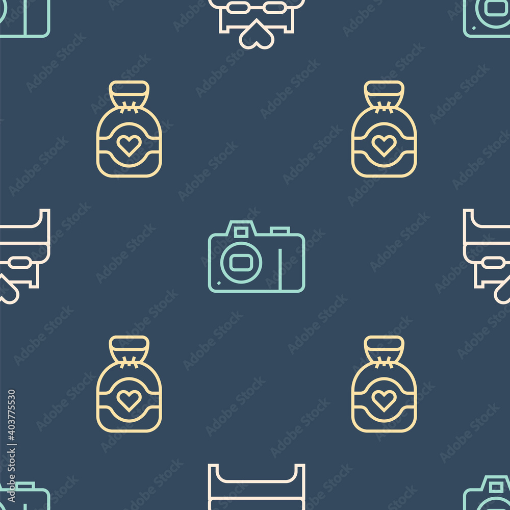 Set line Bedroom, Chocolate candy and Photo camera on seamless pattern. Vector.