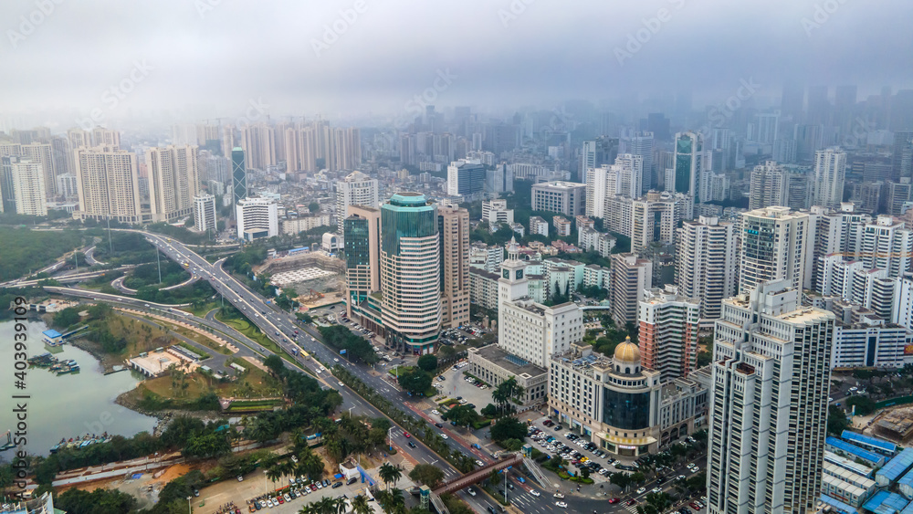 航拍中国海口城市建筑风光