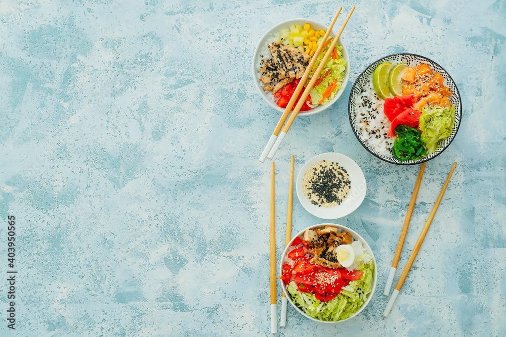 Bowls with tasty rice and vegetables on color background