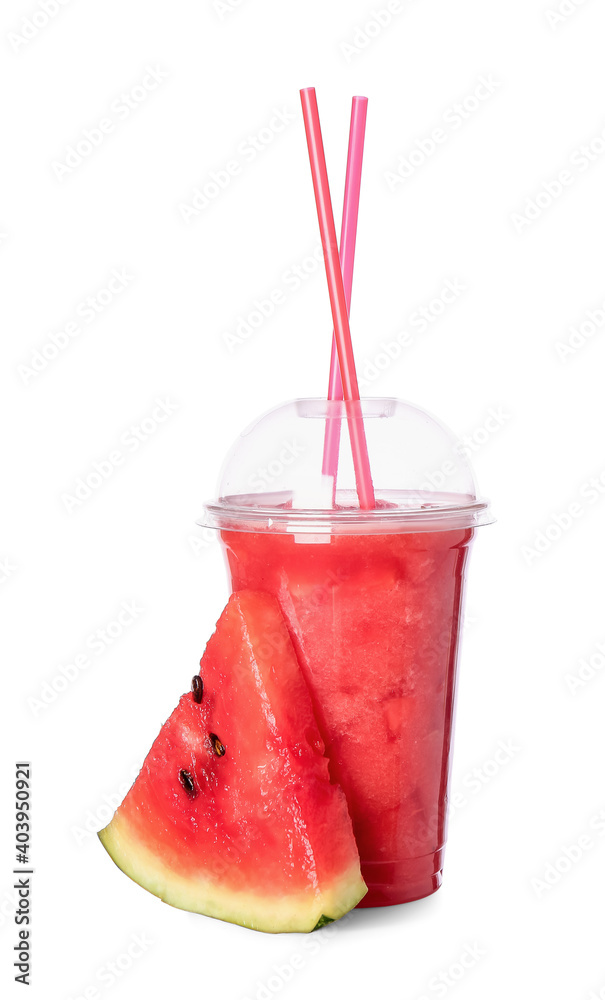 Plastic cup with fresh watermelon juice on white background